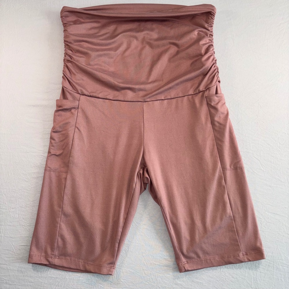 Maternity Bike Shorts Mauve Pink Over the Belly Ruched Waist with Pockets Medium